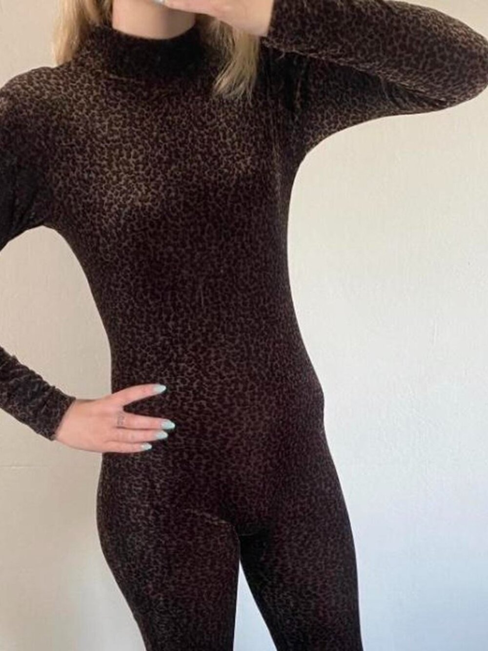 Frederick's of Hollywood Bodycon Velvet Cheetah Mock Neck Bodysuit Size M